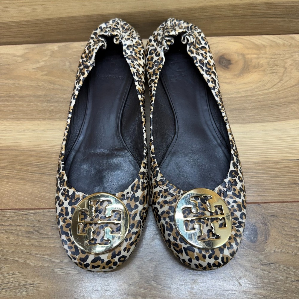 Tory Burch Reva Flats Cheetah Leopard Womens 8 M Tan Black Leather Stretch Walk